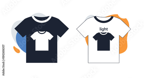 Black and white t-shirt mockups with a smaller t-shirt graphic printed on them, set against abstract colorful shapes for apparel design concepts.