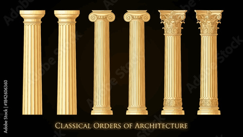 Classical Orders Column Vector – Doric, Ionic, Corinthian, Tuscan, Composite, Solomonic Styles in Gold Line Art for Architecture, History, and Design Education Projects