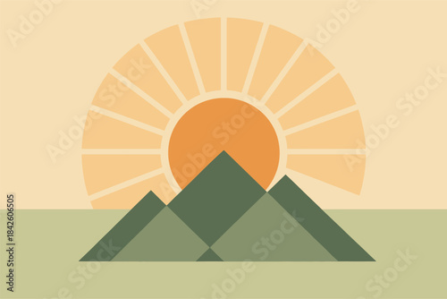 expressing spring renewal through modern abstract mountains and sun shapes