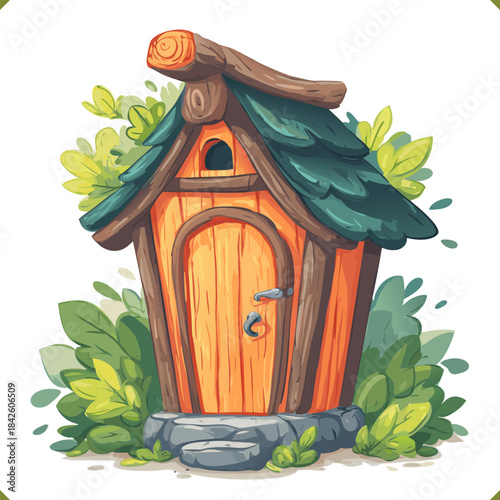Vector illustration of an off-grid composting toilet hut with wooden walls, stone base and leafy surroundings, eco outdoor structure, isolated on a white background