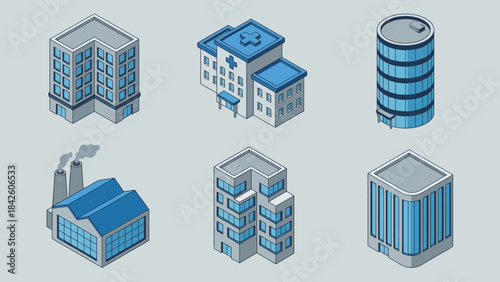 Isometric Urban Building Vector Set – Office, Hospital, Factory, High-Rise for Architecture, Infrastructure, Planning, Logistics, and Commercial Design Projects