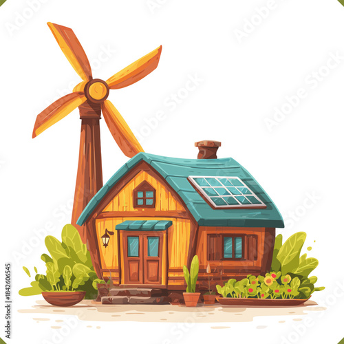 Vector illustration of a wooden eco house with solar panels and a wind turbine surrounded by plants and garden elements, sustainable living concept, isolated on a white background