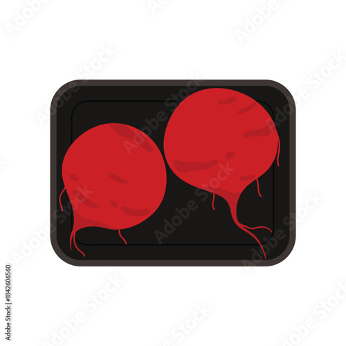 Two beet tubers in rectangular black plastic tray, top view of styrofoam box vector illustration