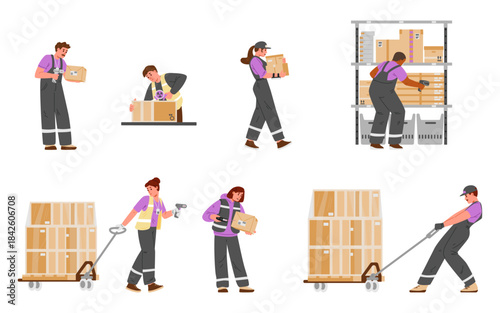 Diverse warehouse workers at work flat vector illustrations set isolated on white. Movers, laborers with different equipment handling boxes, scanning, carrying, packing.