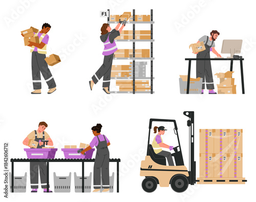Diverse warehouse workers at work flat vector illustrations set isolated on white. Movers, forklift operator, laborers with different equipment handling boxes.
