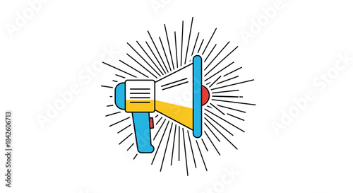 Colorful cartoon megaphone icon with radiating lines symbolizing an announcement, promotion, alert, or important communication.