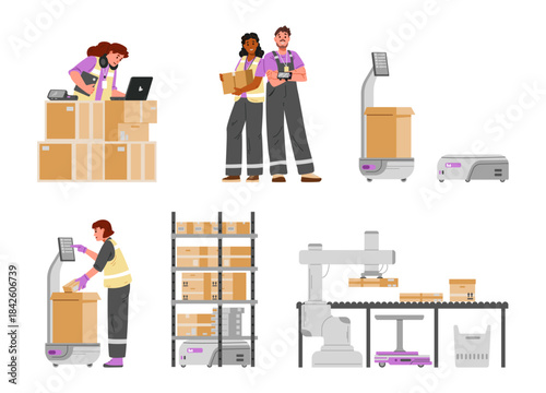 Diverse warehouse workers and warehouse robots flat vector illustrations set isolated on white. Smart warehouse logistics.
