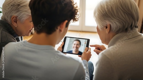 Elderly Women and Young Man Taking Video Call on Tablet in Bright Home