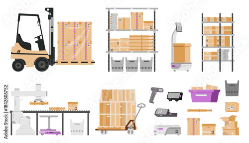 Modern warehouse equipment and robots flat vector illustrations set isolated on white. Forklift, racks with boxes and parcels, laser scanners, robots, conveyor belt, damaged boxes, containers.