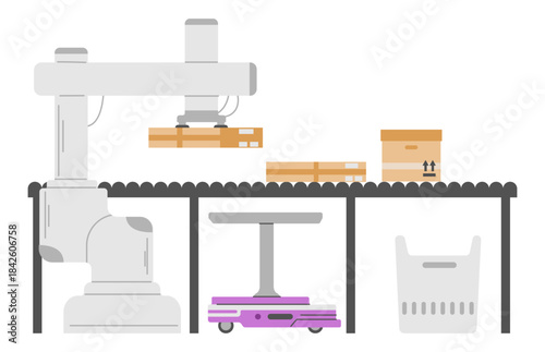 Automated conveyor belt with robots handling cardboard boxes at warehouse flat vector illustration isolated on white. Smart warehouse logistics equipment.