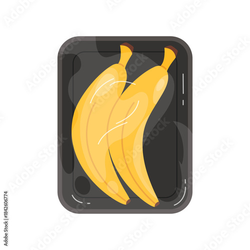 Bananas in black plastic tray, top view of styrofoam package with film wrap vector illustration