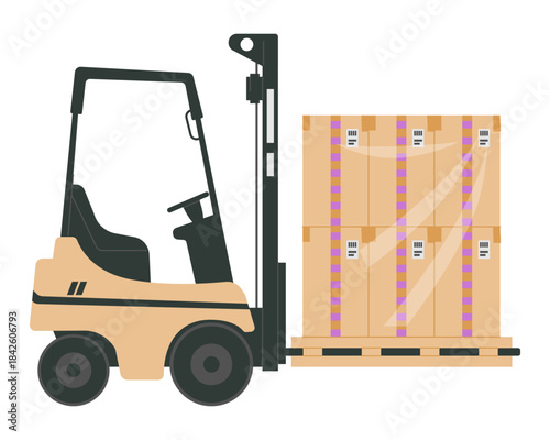 Forklift truck with cardboard boxes wrapped in foil with no driver flat vector illustration isolated on white.