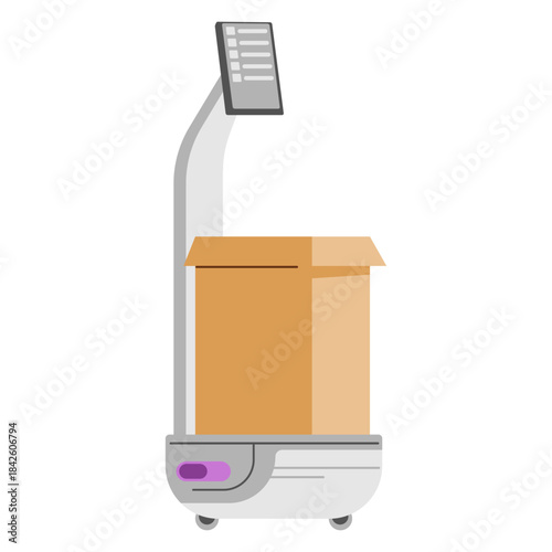 Warehouse robot transporter with open carboard box and digital tablet with list for order collection flat vector illustration isolated on white.