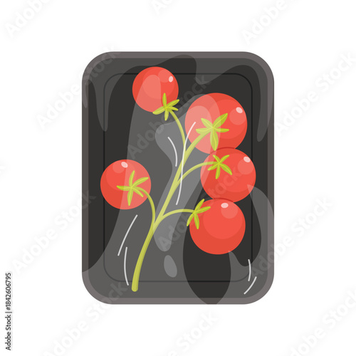 Tomatoes cherry in black plastic tray, top view of styrofoam package with film wrap vector illustration