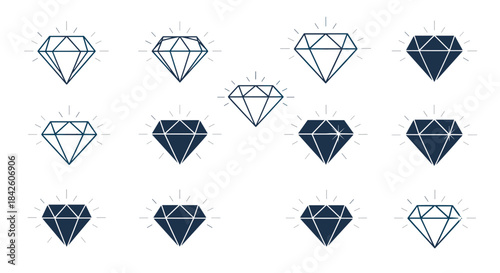 Collection of sparkling diamond and gemstone icons in both outline and silhouette styles, representing luxury, wealth, and quality.