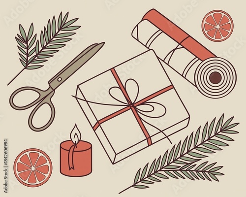 Red and Neutral Hand Drawn Christmas Packaging Elements: Flat Lay Clipart Set with Gift Box, Wrapping Paper, Scissors, Candle, and Fir Branches