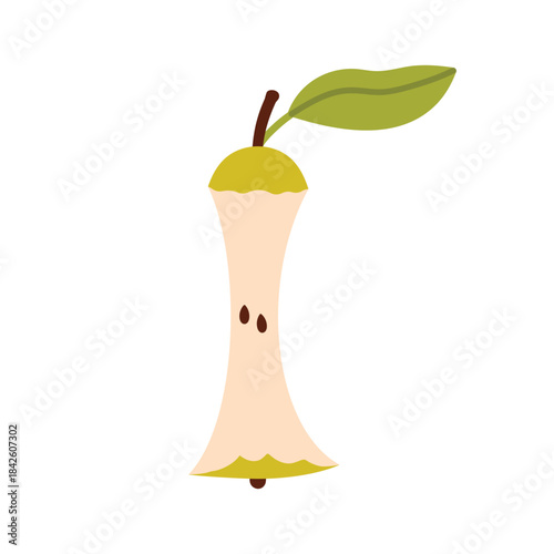 Stump with seeds from eaten green ripe pear with leaf on stem vector illustration
