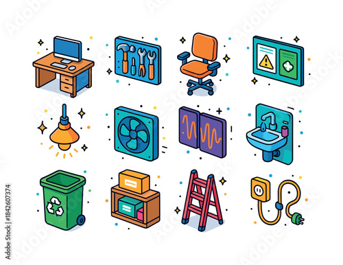 Isometric Safety Icons. Safe Work Environment. Colorful isometri