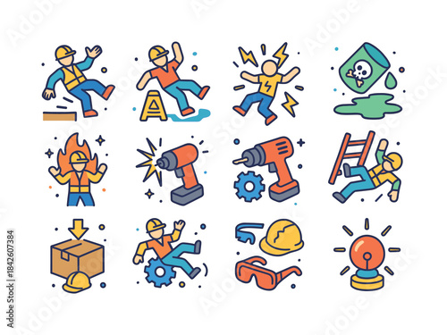 Worksite Accident Icons. Worksite Accidents. Colorful isometric