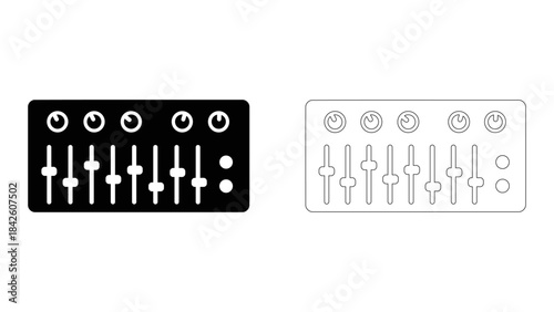 Icon of a sound mixer with sliders and knobs for adjusting audio levels and blending multiple sound sources, isolated gr