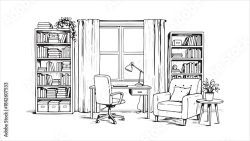 Minimalist line art illustration of home office study room interior