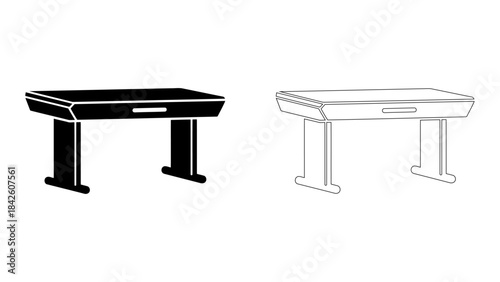 Modern minimalist black silhouette of a simple desk with a single drawer, isolated on a plain background, clean vector i