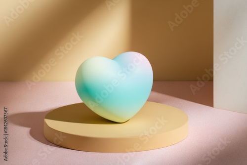 Pastel Gradient Heart on Peach Podium in Minimalist Studio Lighting.