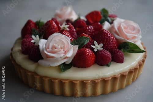 Elegant Fruit Tart with Roses and Berries on Marble Surface - Delicious Dessert.