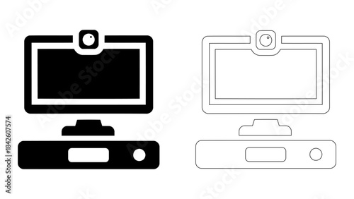 Modern video conferencing system setup for online communication and remote work, featuring a monitor and media box icon.