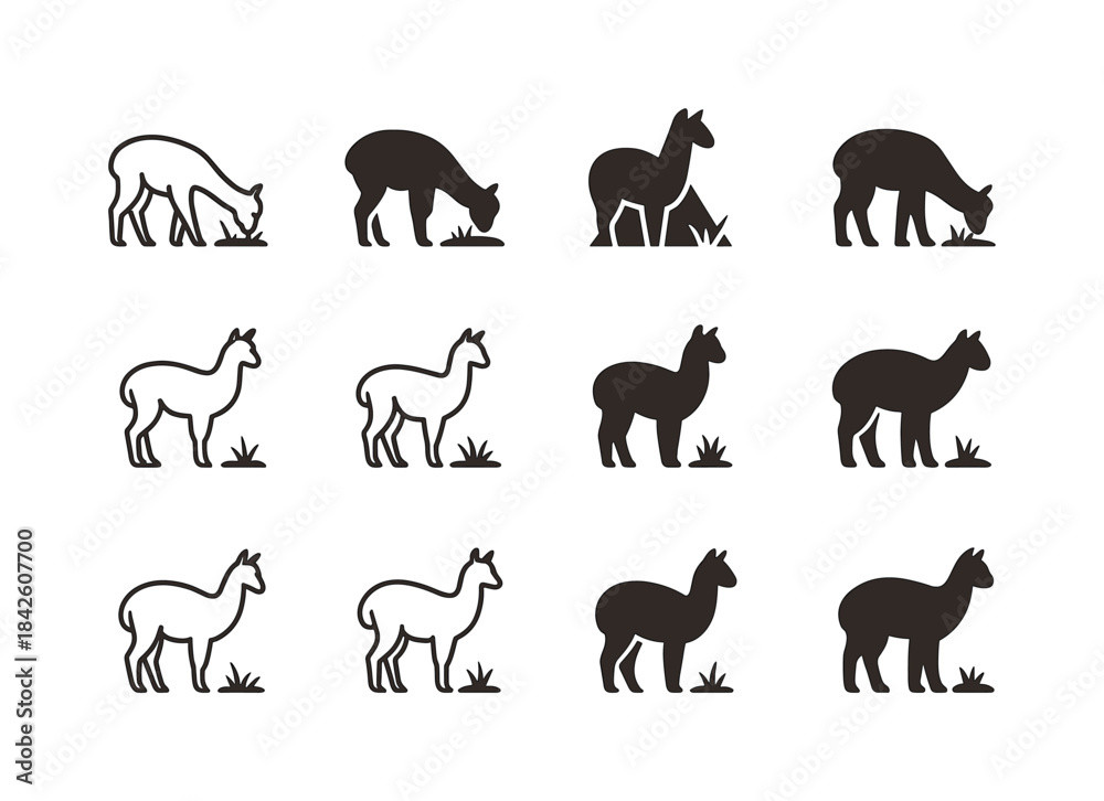 Obraz premium Alpaca Logo Collection. Alpacas grazing. Icon set. Set Logo of a