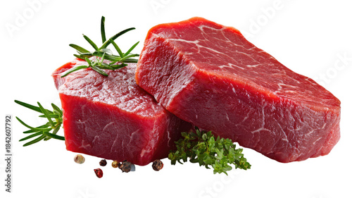 Raw beef steak with rosemary, fresh red meat food ingredient on a white board