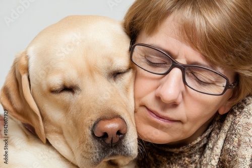 Woman and Labrador Expressing Close Bond and Comfort in Warm Embrace.