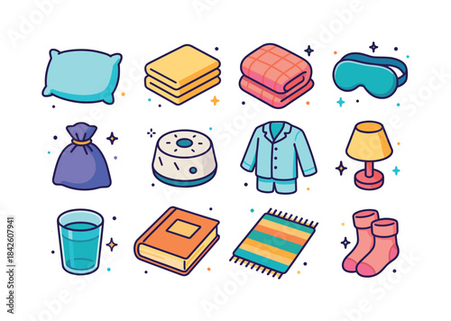 Sleep Essentials Icons. Sleep essentials. Colorful isometric vec