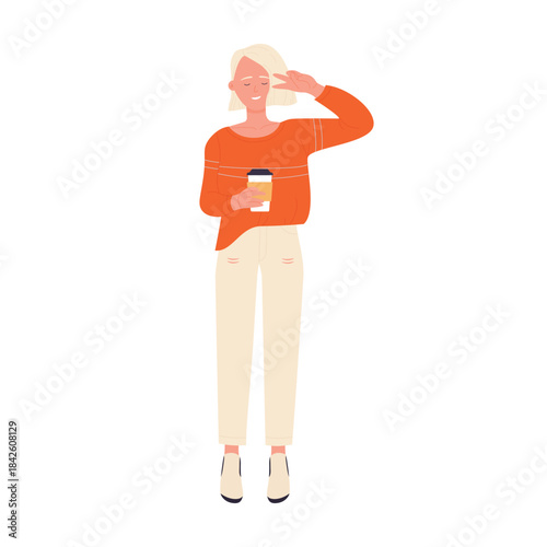 Young happy girl holding paper cup to drink coffee during coffee break vector illustration