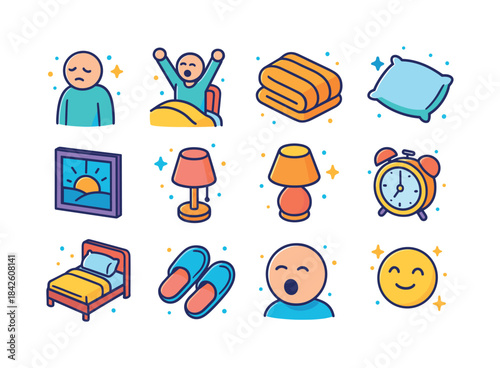 Morning Wake-Up Icons. a person waking up from a restful night