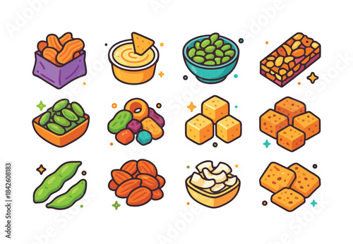 Plant-Based Snack Icons. Plant-based snacks. Colorful isometric