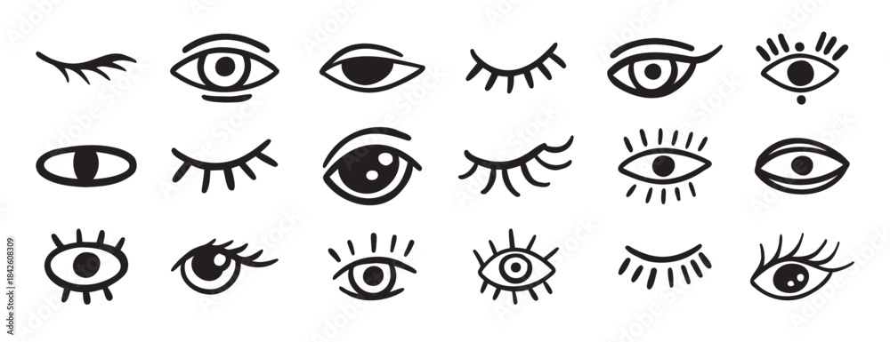 Obraz premium eyes and lashes doodle hand drawn icon set. Outline drawing line clipart symbol collection