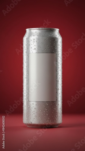 Refreshing Beverage Concept - Photorealistic Aluminum Soda Can with Water Droplets on Red Background, Studio Lighting, Copy Space.