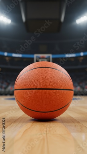 Vibrant Orange Basketball on Wooden Court Floor - Sports Concept with Copy Space and Stadium Lights in Background