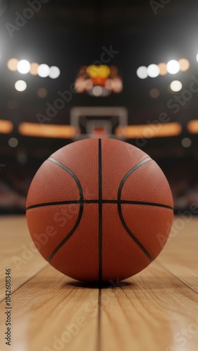 Vibrant Orange Basketball on Wooden Court Floor - Sports Concept with Copy Space and Stadium Lights, Photorealistic 8K Image