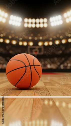 Vibrant Orange Basketball on Wooden Court Floor with Stadium Lights, Sports Concept and Copy Space, Photorealistic 8k Image