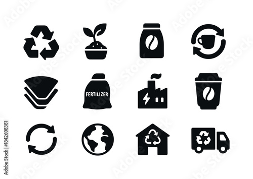Coffee Waste Recycling Icons. Coffee waste recycling. Solid icon