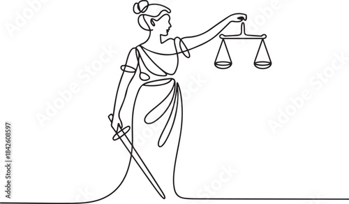 Themis statue holding scales balance  justice, law and order One Line Santa one line vector illustration with out background.