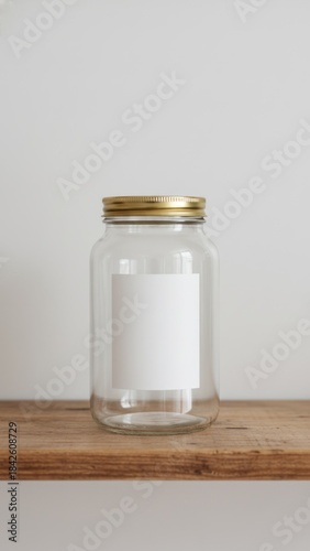 Clean Glass Jar with Gold Lid on Wooden Shelf - Kitchen Storage and Zero Waste Concept with Label Mockup Space