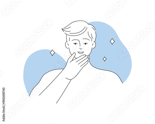 Happy man holding hand on cheek after facial massage, skincare routine vector illustration