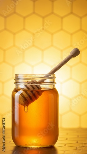 Honey Jar with Dipper on Honeycomb Background - Sweet Food Concept in Photorealistic Style