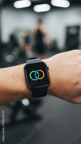 Modern Black Smartwatch with Fitness Display on Wrist in Gym Background
