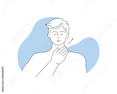 Happy young man with eyes closed massaging neck with one hand vector illustration