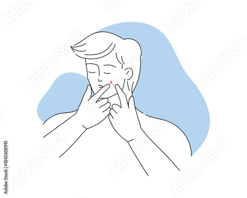 Sad young man with acne and pimples on face, infection trouble vector illustration