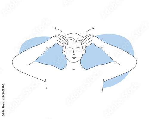 Young man with eyes closed massaging skin of forehead along massage arrows vector illustration